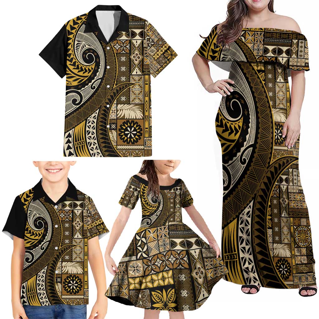 Vintage Samoa Siapo Mamanu Family Matching Off Shoulder Maxi Dress and Hawaiian Shirt Gold Samoan Tapa Motif LT9 - Polynesian Pride