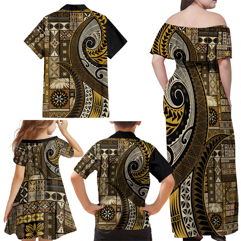 Vintage Samoa Siapo Mamanu Family Matching Off Shoulder Maxi Dress and Hawaiian Shirt Gold Samoan Tapa Motif LT9 - Polynesian Pride