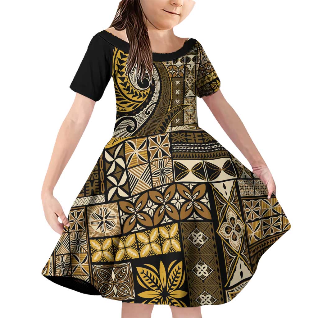 Vintage Samoa Siapo Mamanu Family Matching Off Shoulder Short Dress and Hawaiian Shirt Gold Samoan Tapa Motif LT9 Daughter's Dress Gold - Polynesian Pride