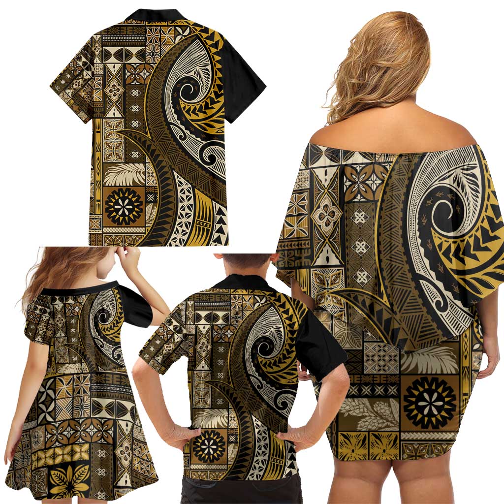 Vintage Samoa Siapo Mamanu Family Matching Off Shoulder Short Dress and Hawaiian Shirt Gold Samoan Tapa Motif LT9 - Polynesian Pride