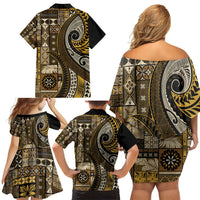 Vintage Samoa Siapo Mamanu Family Matching Off Shoulder Short Dress and Hawaiian Shirt Gold Samoan Tapa Motif LT9 - Polynesian Pride