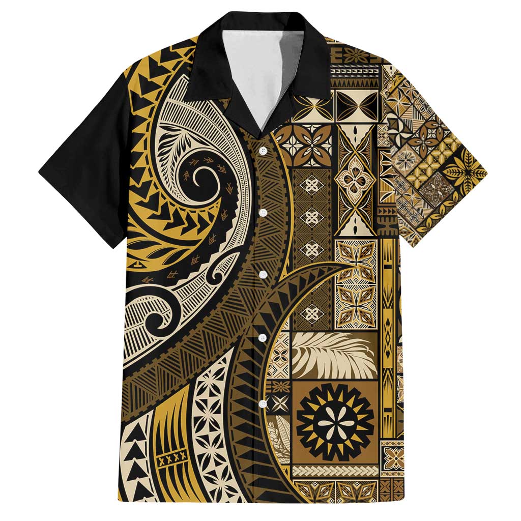 Vintage Samoa Siapo Mamanu Family Matching Off Shoulder Short Dress and Hawaiian Shirt Gold Samoan Tapa Motif LT9 Dad's Shirt - Short Sleeve Gold - Polynesian Pride