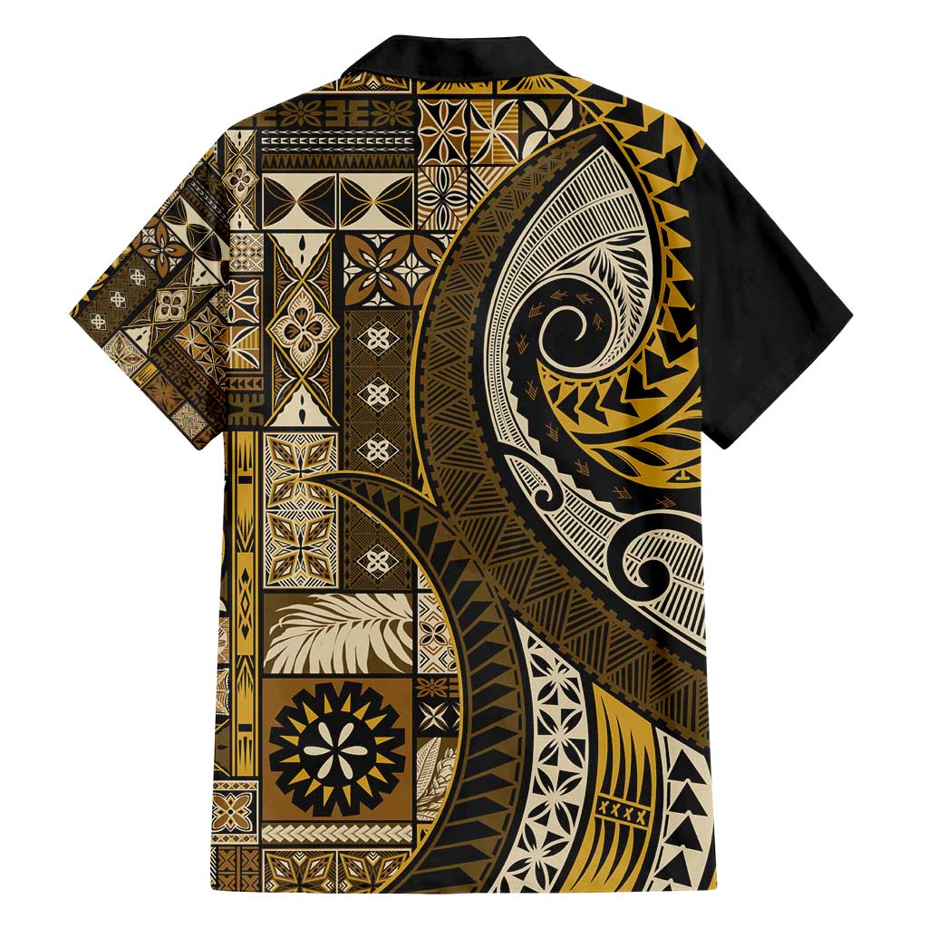 Vintage Samoa Siapo Mamanu Family Matching Off Shoulder Short Dress and Hawaiian Shirt Gold Samoan Tapa Motif LT9 - Polynesian Pride