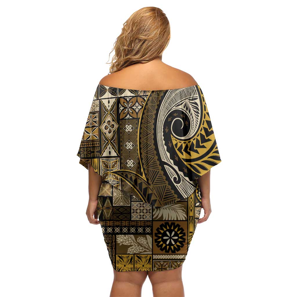 Vintage Samoa Siapo Mamanu Family Matching Off Shoulder Short Dress and Hawaiian Shirt Gold Samoan Tapa Motif LT9 - Polynesian Pride