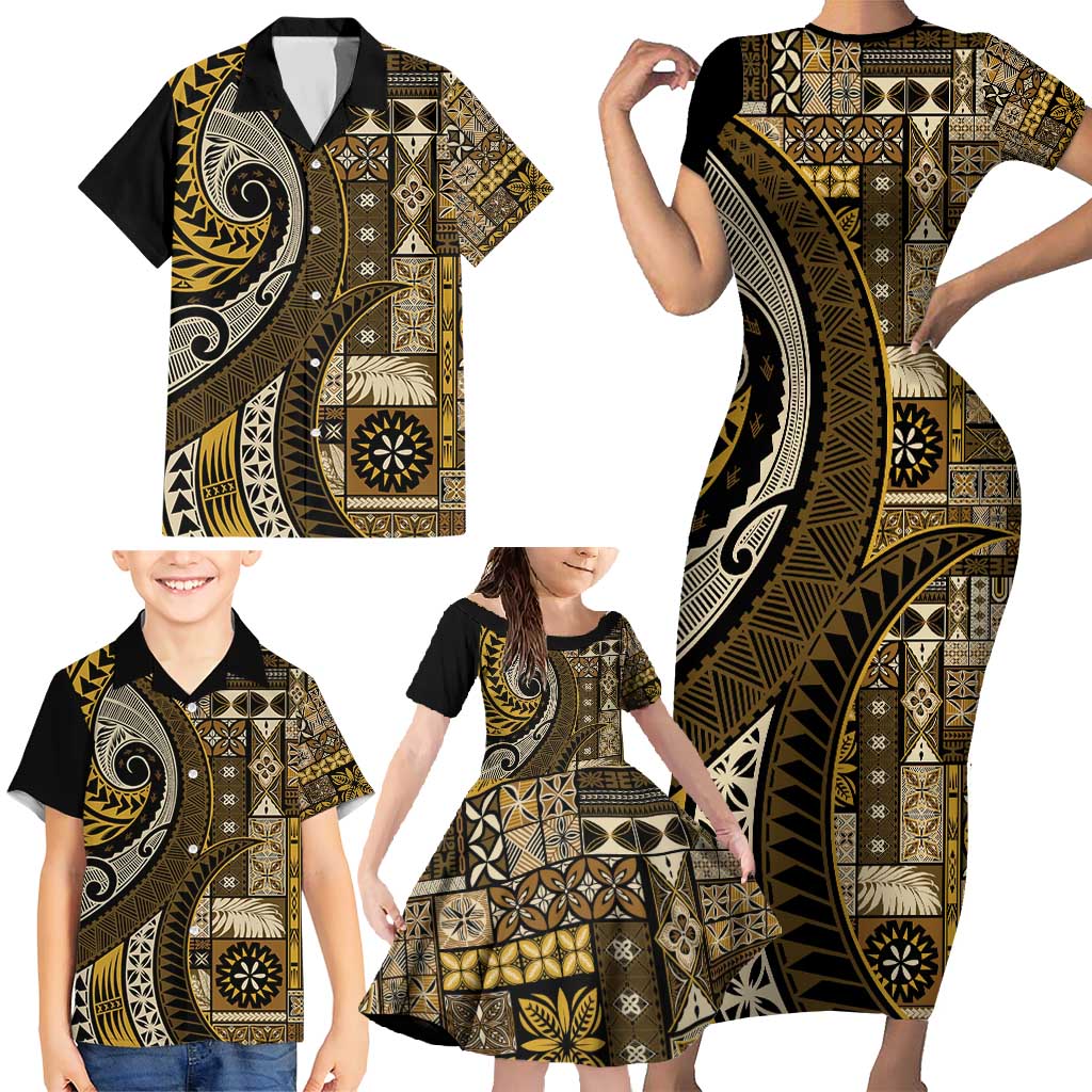 Vintage Samoa Siapo Mamanu Family Matching Short Sleeve Bodycon Dress and Hawaiian Shirt Gold Samoan Tapa Motif LT9 - Polynesian Pride