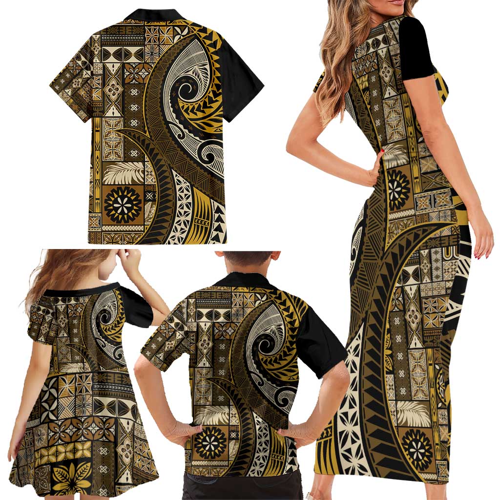 Vintage Samoa Siapo Mamanu Family Matching Short Sleeve Bodycon Dress and Hawaiian Shirt Gold Samoan Tapa Motif LT9 - Polynesian Pride