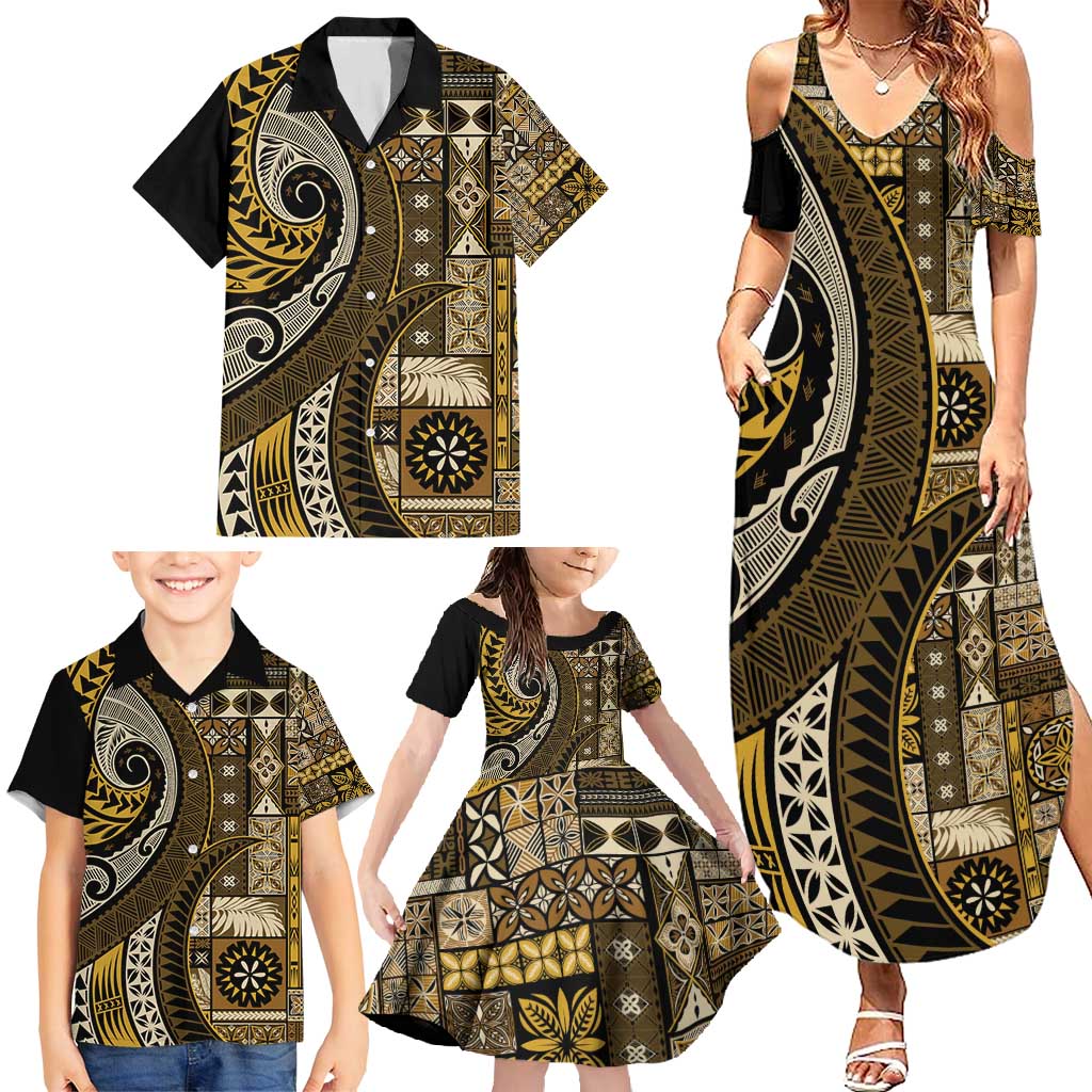 Vintage Samoa Siapo Mamanu Family Matching Summer Maxi Dress and Hawaiian Shirt Gold Samoan Tapa Motif LT9 - Polynesian Pride