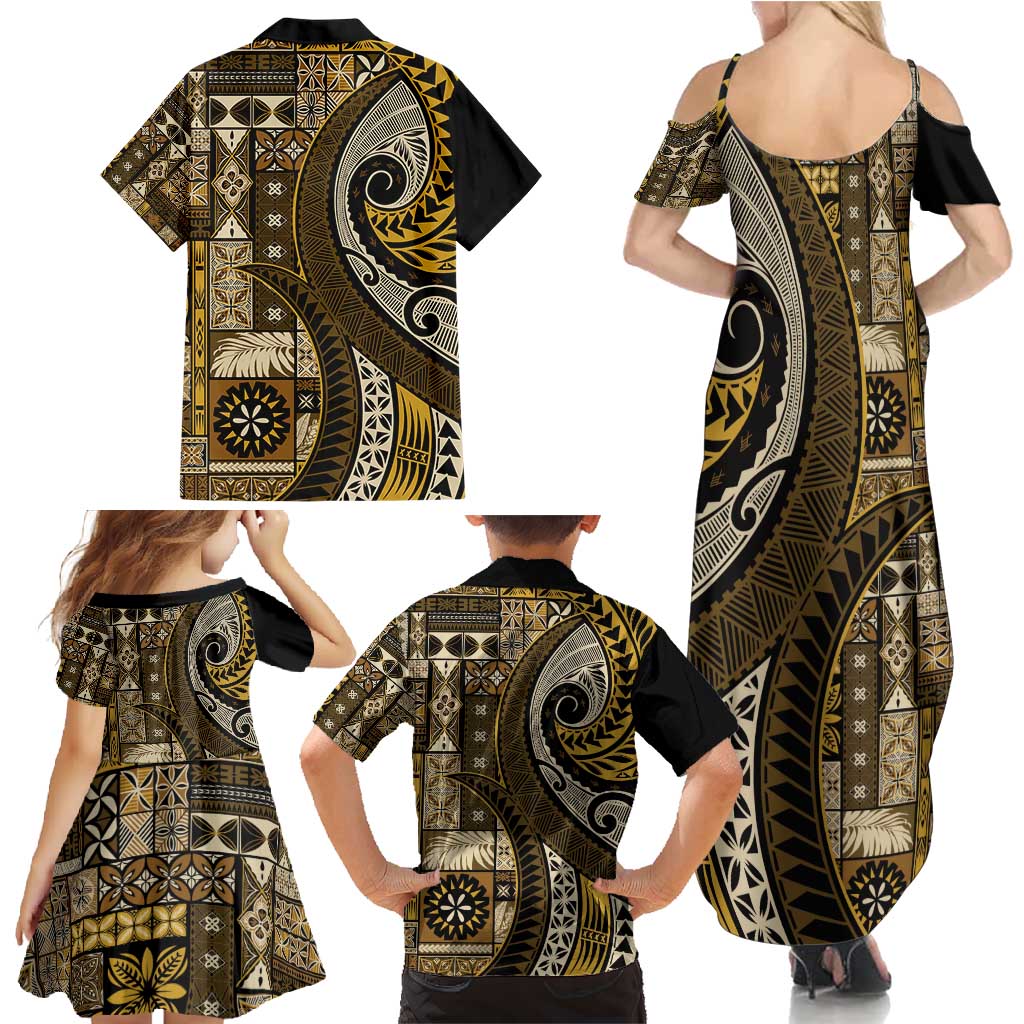 Vintage Samoa Siapo Mamanu Family Matching Summer Maxi Dress and Hawaiian Shirt Gold Samoan Tapa Motif LT9 - Polynesian Pride