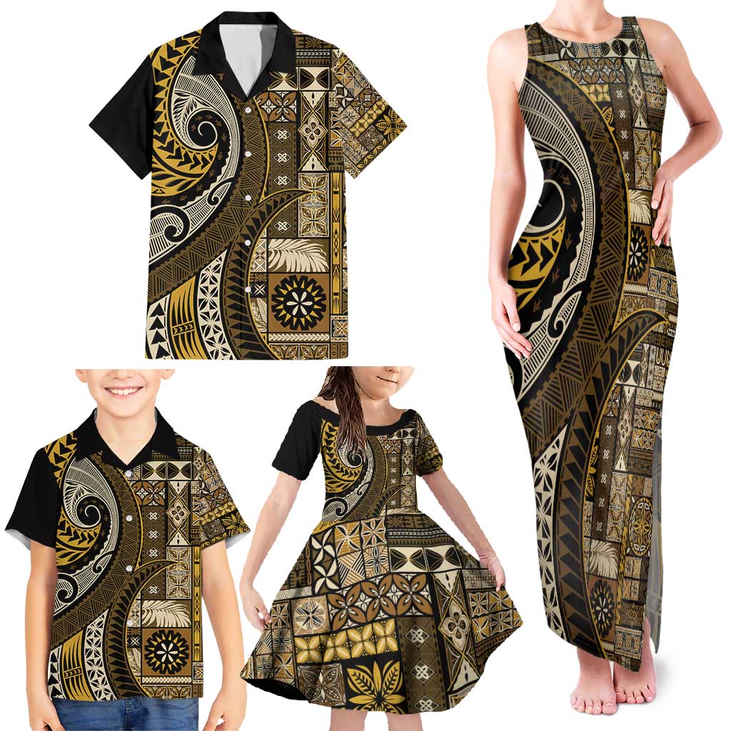 Vintage Samoa Siapo Mamanu Family Matching Tank Maxi Dress and Hawaiian Shirt Gold Samoan Tapa Motif LT9 - Polynesian Pride