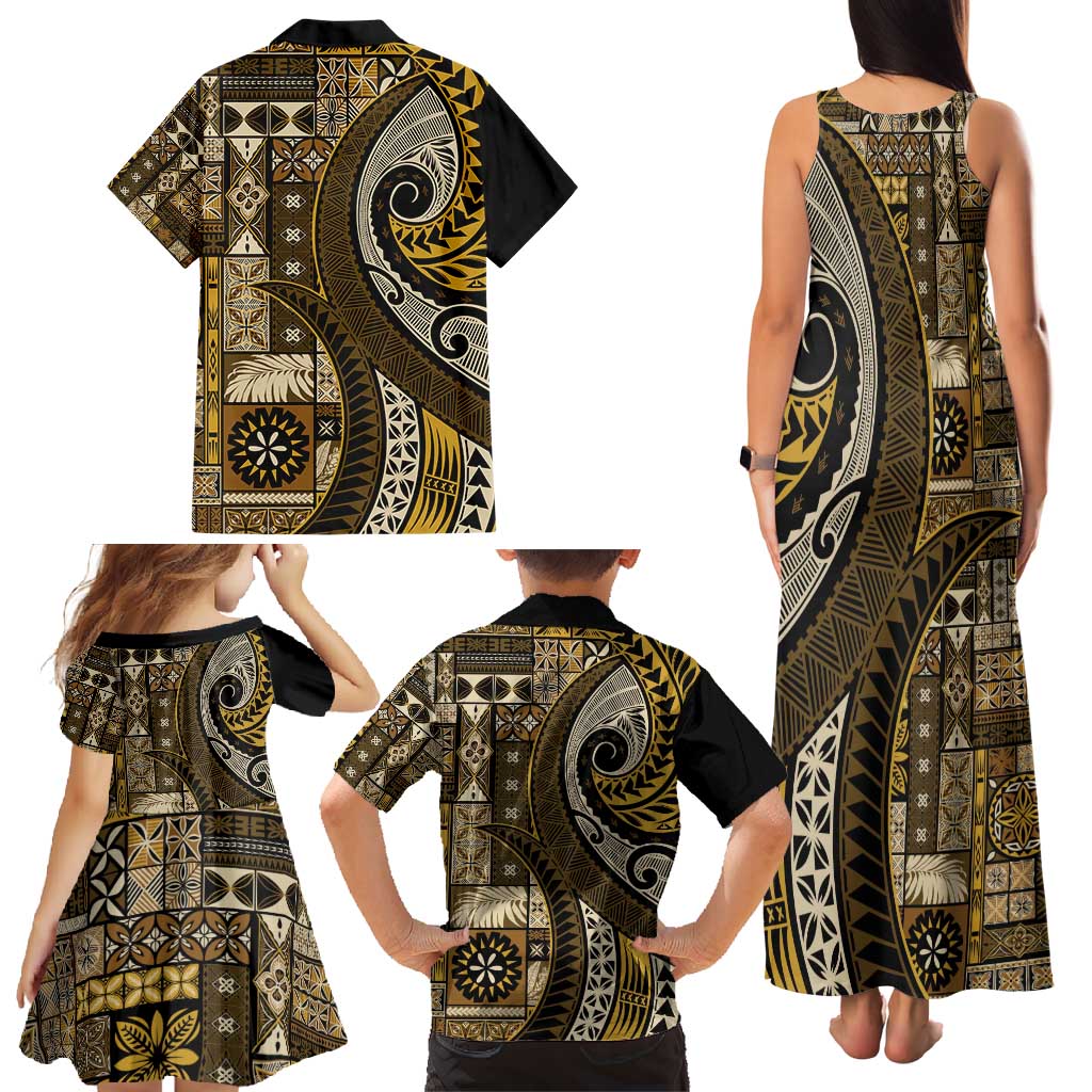 Vintage Samoa Siapo Mamanu Family Matching Tank Maxi Dress and Hawaiian Shirt Gold Samoan Tapa Motif LT9 - Polynesian Pride