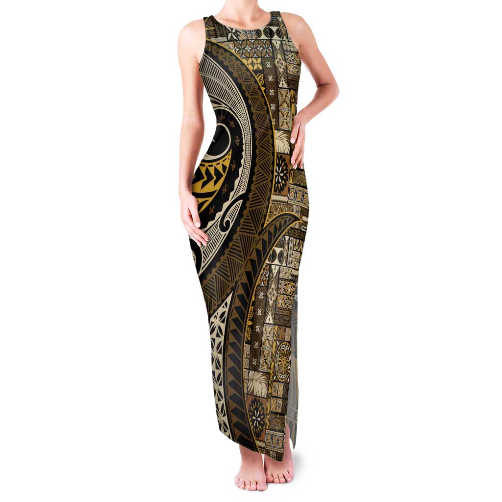 Vintage Samoa Siapo Mamanu Family Matching Tank Maxi Dress and Hawaiian Shirt Gold Samoan Tapa Motif LT9 Mom's Dress Gold - Polynesian Pride