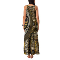 Vintage Samoa Siapo Mamanu Family Matching Tank Maxi Dress and Hawaiian Shirt Gold Samoan Tapa Motif LT9 - Polynesian Pride