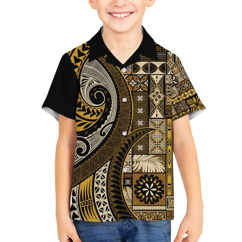 Vintage Samoa Siapo Mamanu Family Matching Tank Maxi Dress and Hawaiian Shirt Gold Samoan Tapa Motif LT9 Son's Shirt Gold - Polynesian Pride