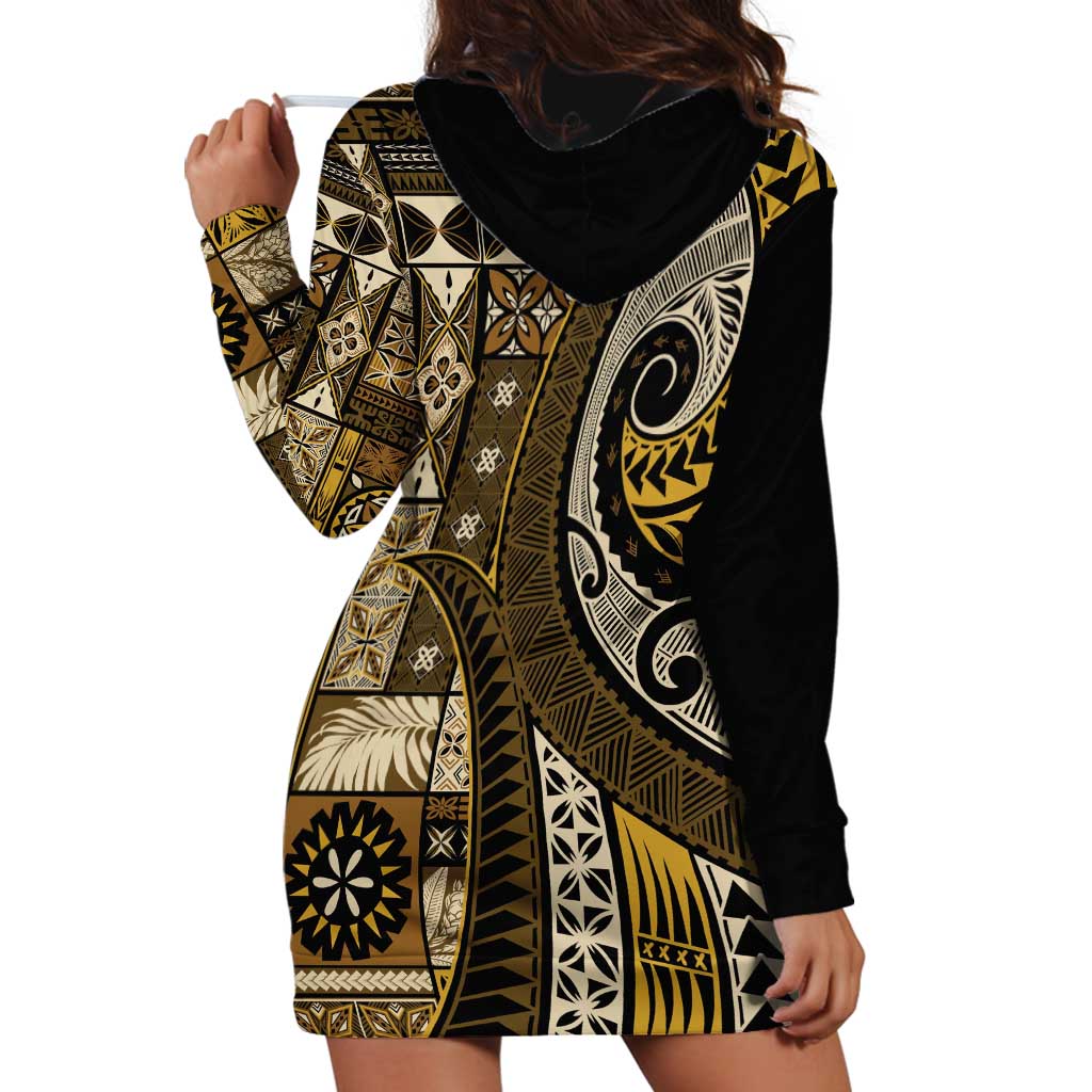 Vintage Samoa Siapo Mamanu Hoodie Dress Gold Samoan Tapa Motif - Polynesian Pride
