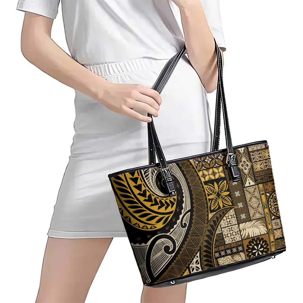 Vintage Samoa Siapo Mamanu Leather Tote Bag Gold Samoan Tapa Motif - Polynesian Pride