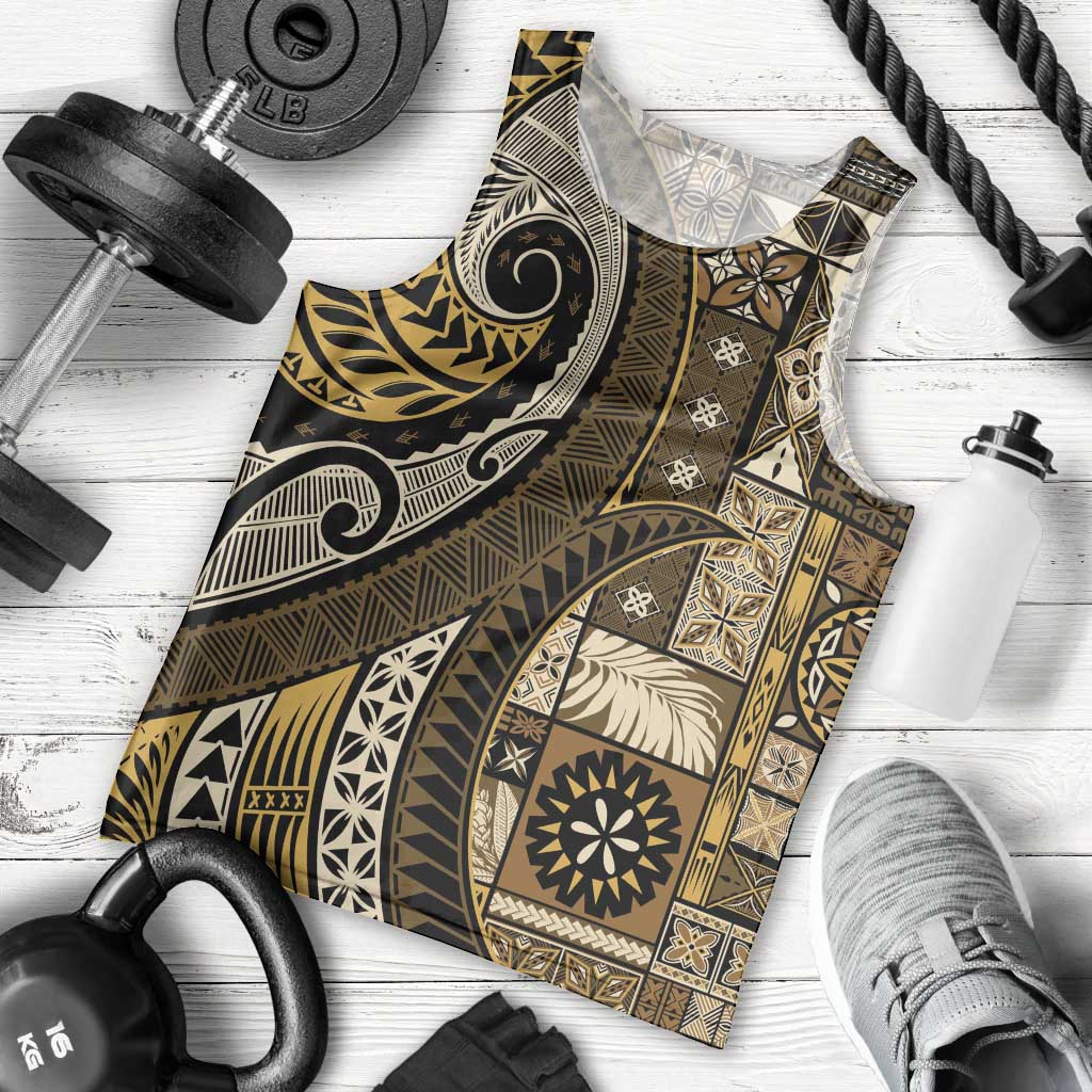 Vintage Samoa Siapo Mamanu Men Tank Top Gold Samoan Tapa Motif - Polynesian Pride