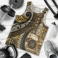 Vintage Samoa Siapo Mamanu Men Tank Top Gold Samoan Tapa Motif - Polynesian Pride