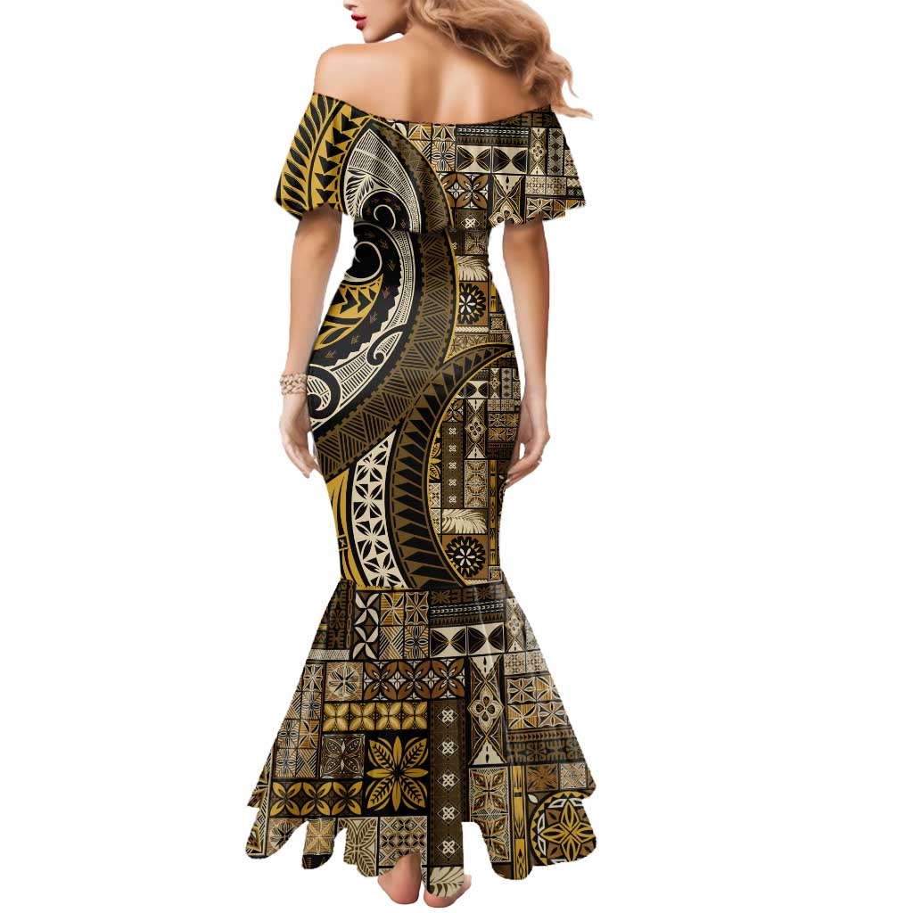 Vintage Samoa Siapo Mamanu Mermaid Dress Gold Samoan Tapa Motif - Polynesian Pride