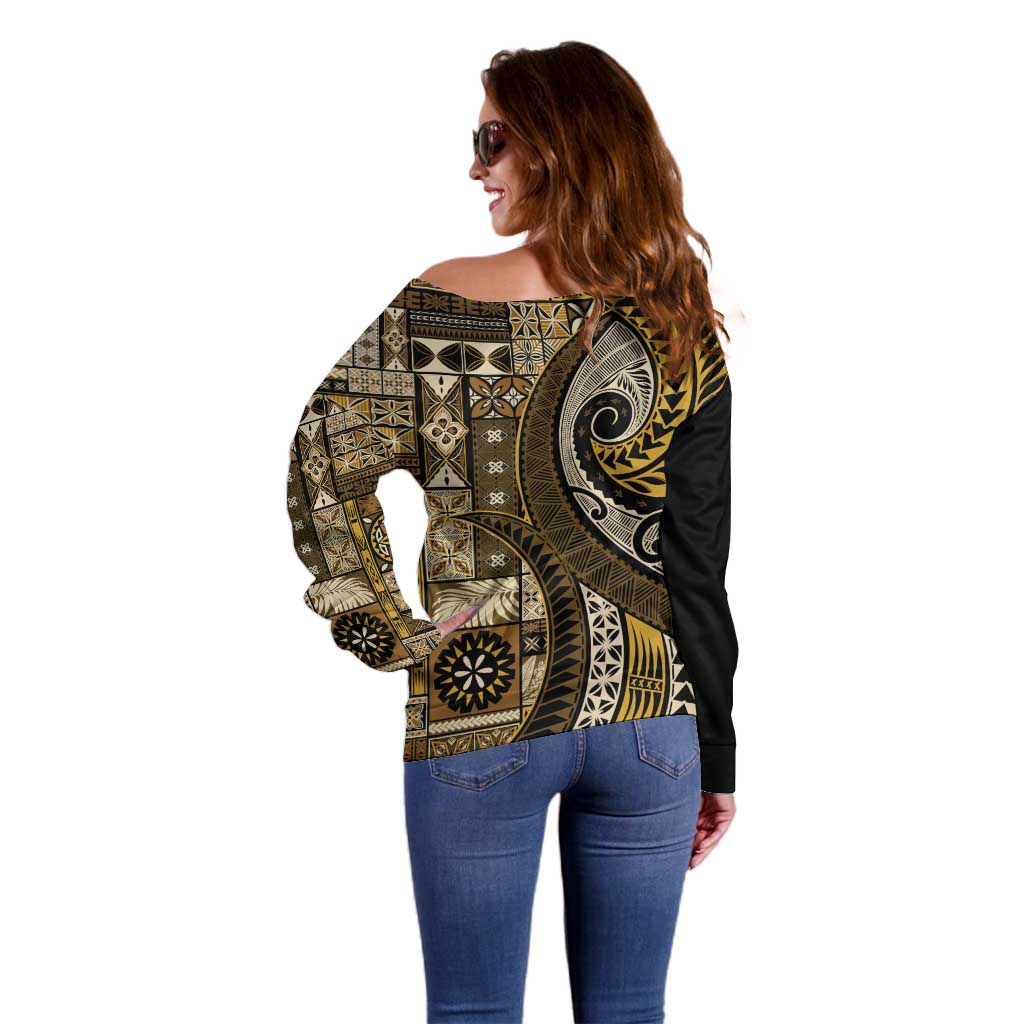 Vintage Samoa Siapo Mamanu Off Shoulder Sweater Gold Samoan Tapa Motif - Polynesian Pride
