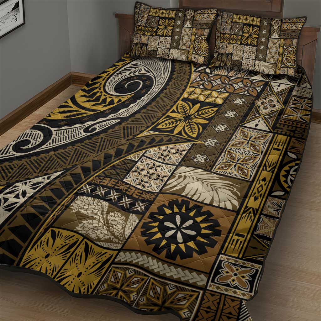 Vintage Samoa Siapo Mamanu Quilt Bed Set Gold Samoan Tapa Motif - Polynesian Pride