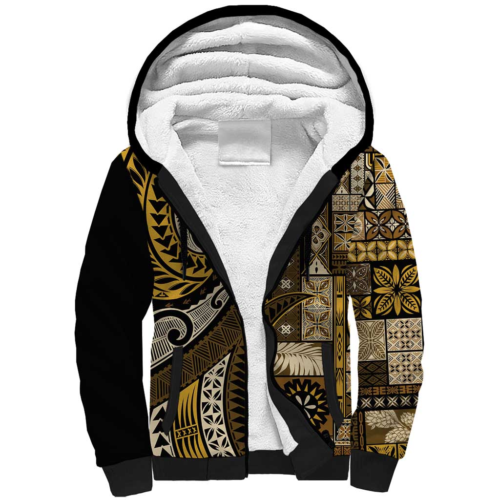 Vintage Samoa Siapo Mamanu Sherpa Hoodie Gold Samoan Tapa Motif - Polynesian Pride