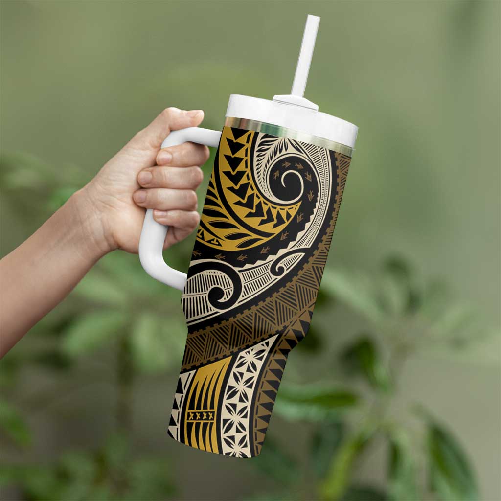 Vintage Samoa Siapo Mamanu Tumbler With Handle Gold Samoan Tapa Motif - Polynesian Pride