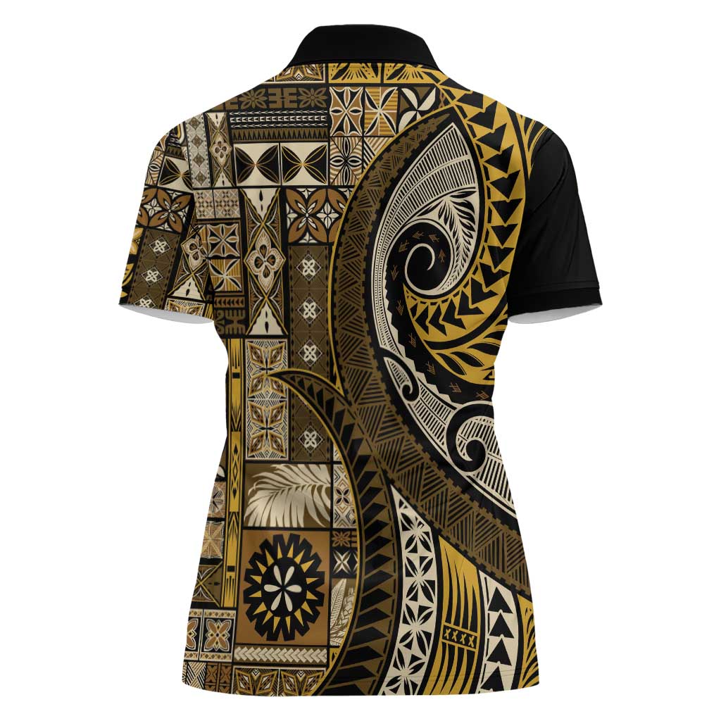 Vintage Samoa Siapo Mamanu Women Polo Shirt Gold Samoan Tapa Motif - Polynesian Pride