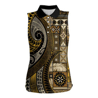 Vintage Samoa Siapo Mamanu Women Sleeveless Polo Shirt Gold Samoan Tapa Motif - Polynesian Pride