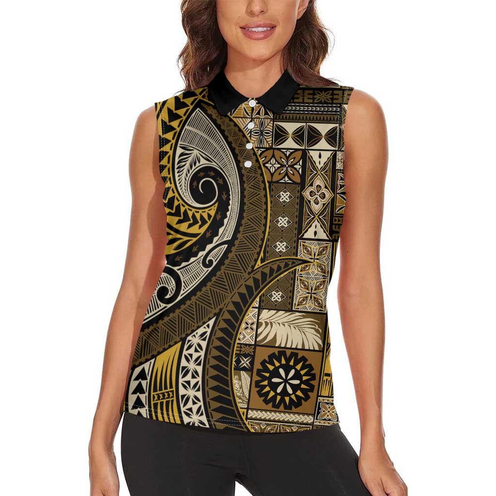 Vintage Samoa Siapo Mamanu Women Sleeveless Polo Shirt Gold Samoan Tapa Motif - Polynesian Pride