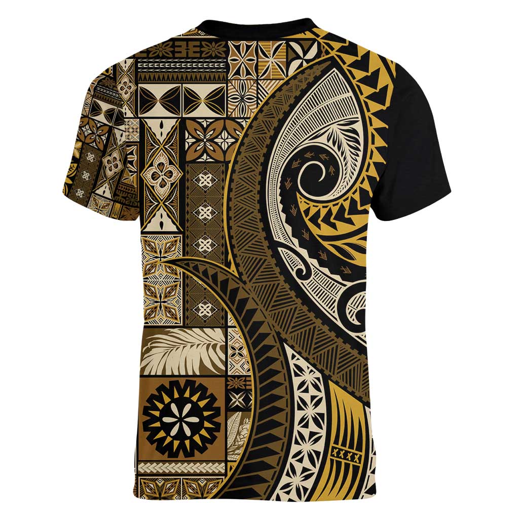 Vintage Samoa Siapo Mamanu Women V-Neck T-Shirt Gold Samoan Tapa Motif - Polynesian Pride