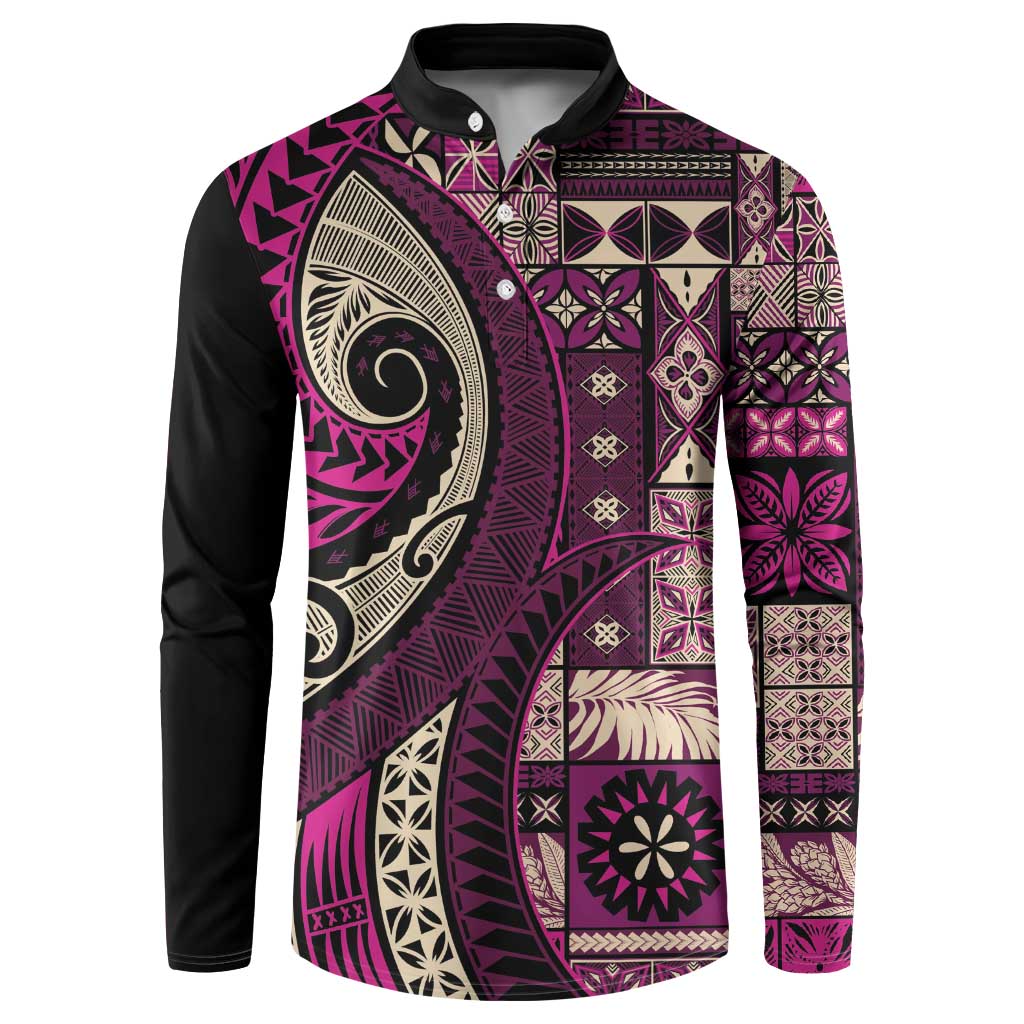 Vintage Samoa Siapo Mamanu Button Sweatshirt Pink Samoan Tapa Motif - Polynesian Pride