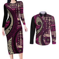 Vintage Samoa Siapo Mamanu Couples Matching Long Sleeve Bodycon Dress and Long Sleeve Button Shirt Pink Samoan Tapa Motif - Polynesian Pride