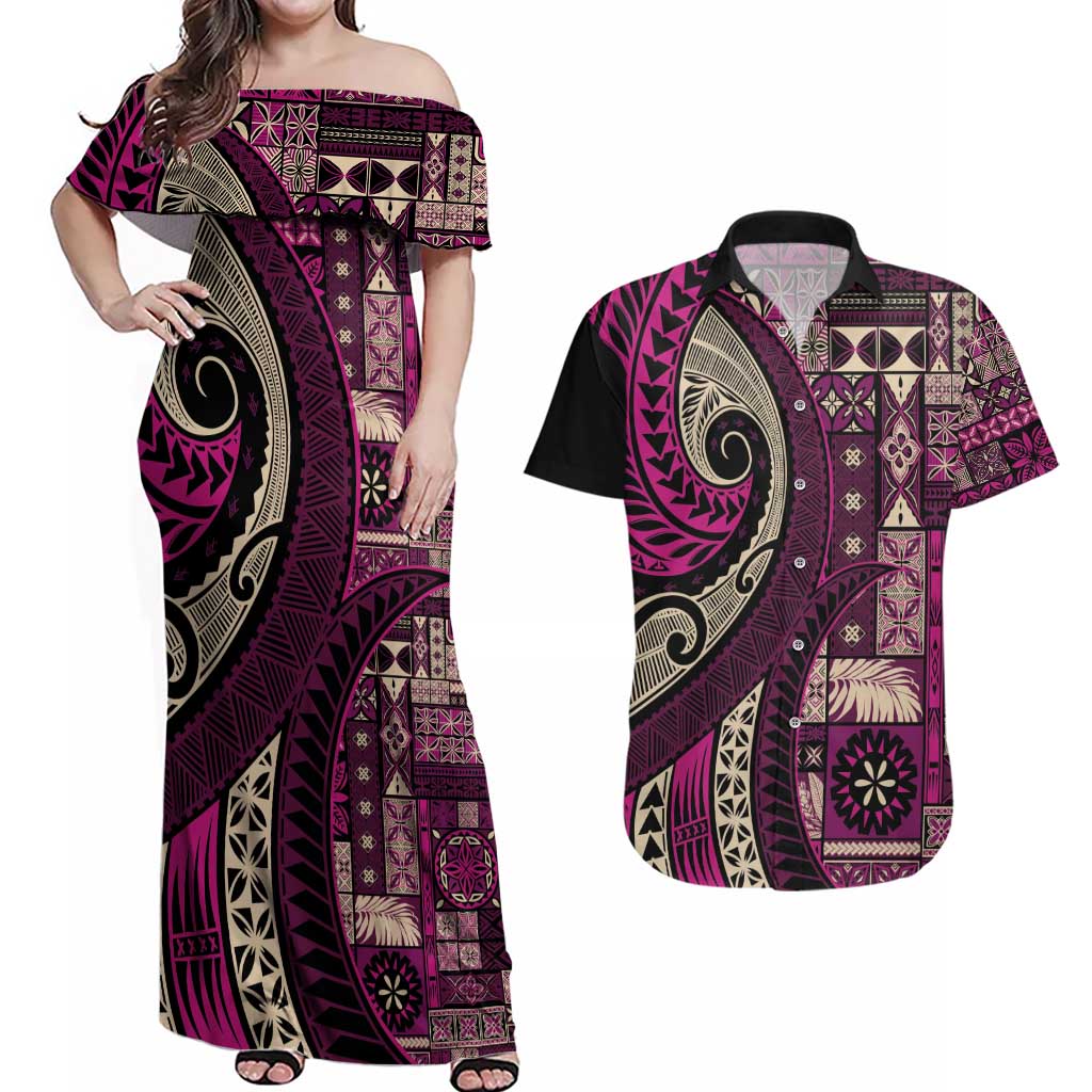 Vintage Samoa Siapo Mamanu Couples Matching Off Shoulder Maxi Dress and Hawaiian Shirt Pink Samoan Tapa Motif - Polynesian Pride