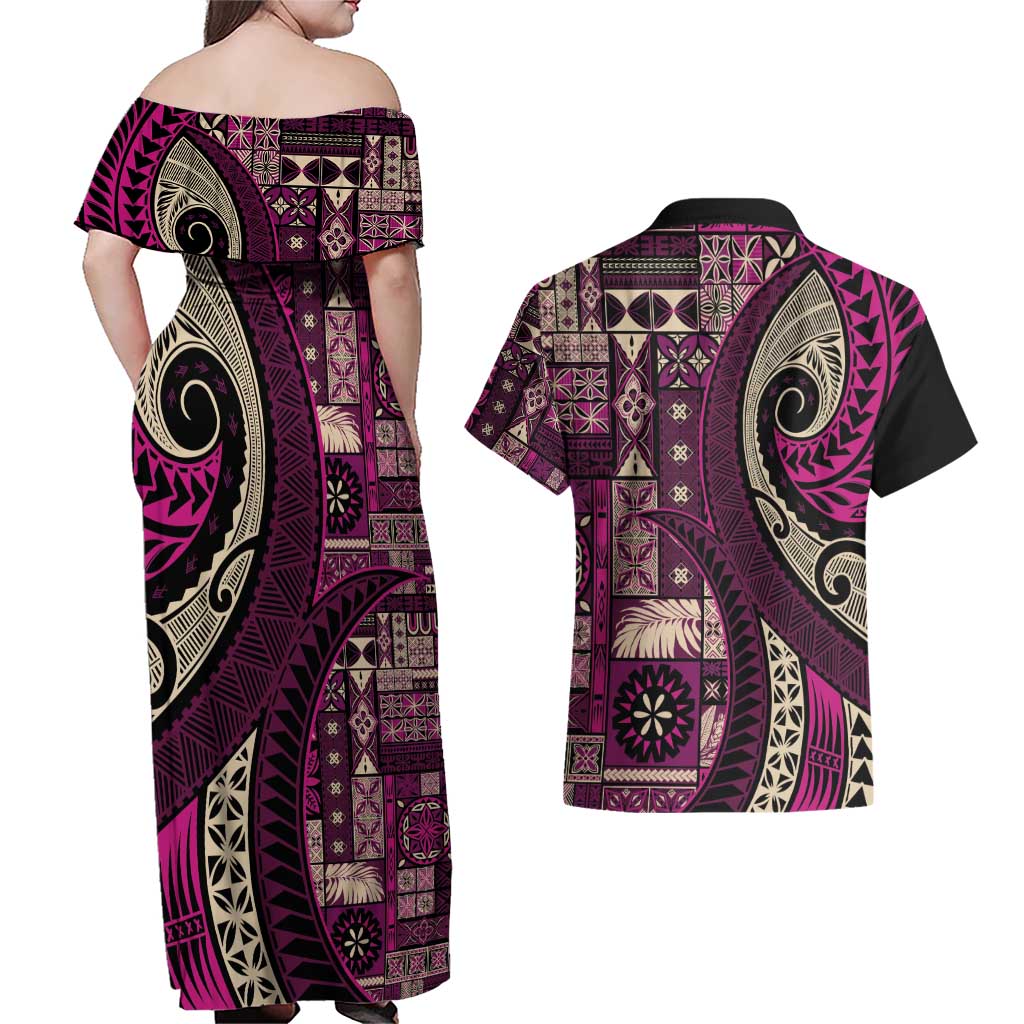 Vintage Samoa Siapo Mamanu Couples Matching Off Shoulder Maxi Dress and Hawaiian Shirt Pink Samoan Tapa Motif - Polynesian Pride