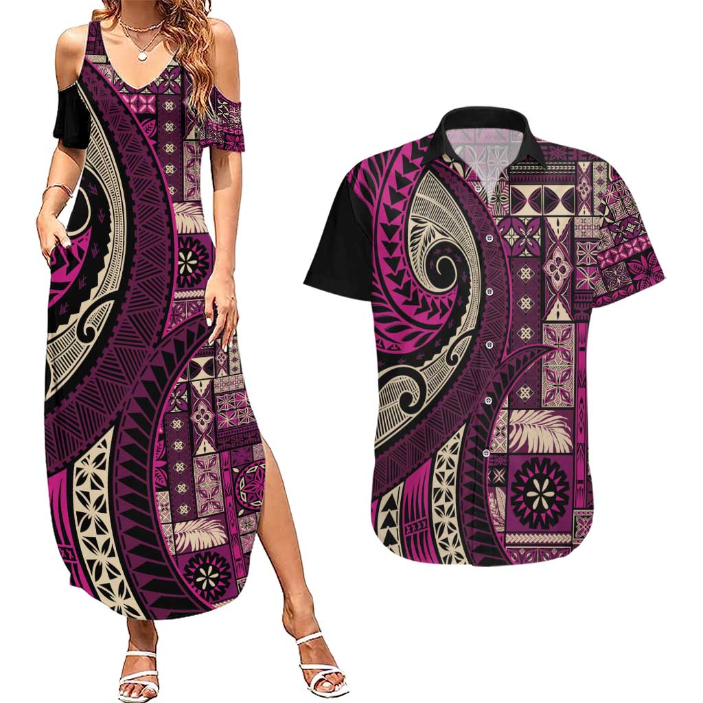 Vintage Samoa Siapo Mamanu Couples Matching Summer Maxi Dress and Hawaiian Shirt Pink Samoan Tapa Motif - Polynesian Pride