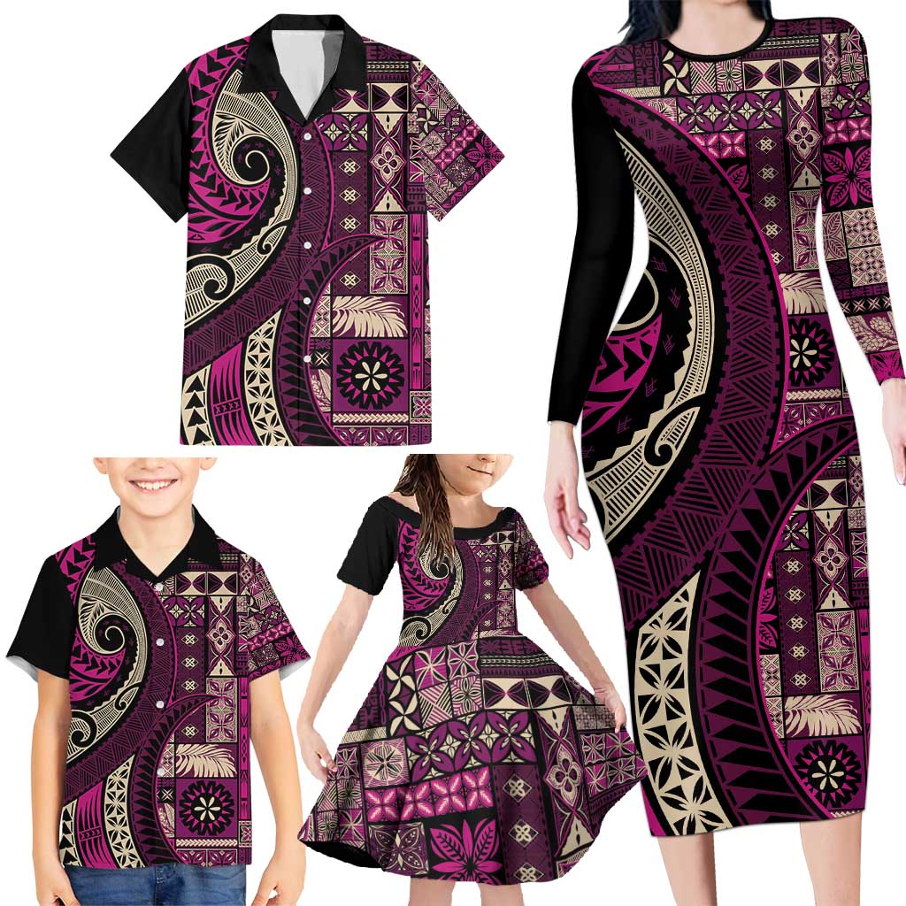 Vintage Samoa Siapo Mamanu Family Matching Long Sleeve Bodycon Dress and Hawaiian Shirt Pink Samoan Tapa Motif LT9 - Polynesian Pride