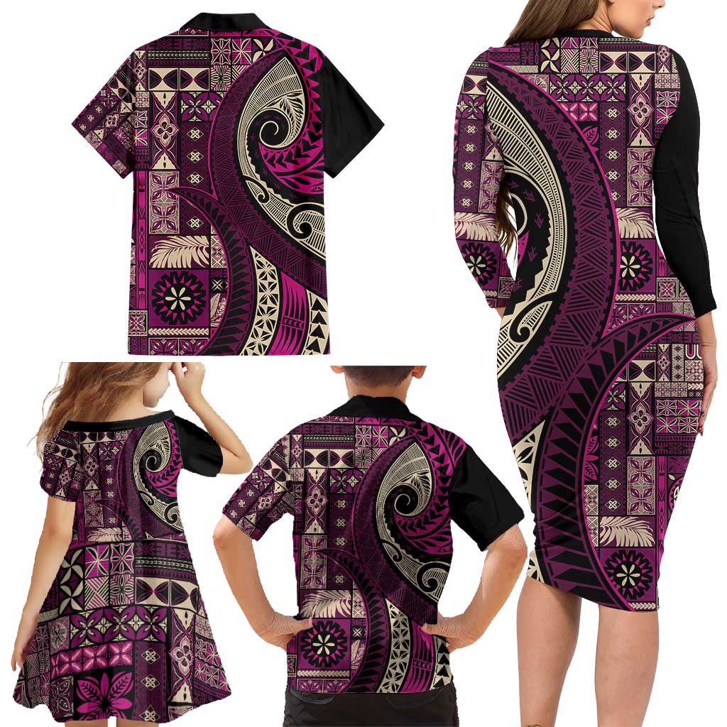 Vintage Samoa Siapo Mamanu Family Matching Long Sleeve Bodycon Dress and Hawaiian Shirt Pink Samoan Tapa Motif LT9 - Polynesian Pride