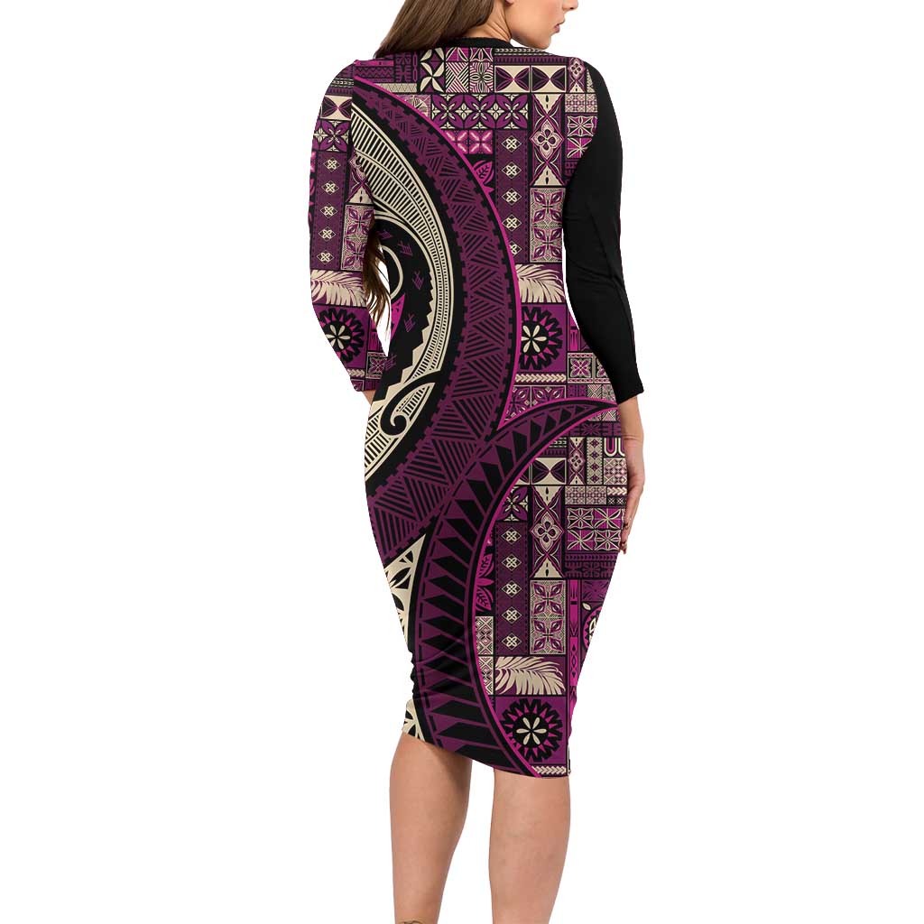 Vintage Samoa Siapo Mamanu Family Matching Long Sleeve Bodycon Dress and Hawaiian Shirt Pink Samoan Tapa Motif LT9 - Polynesian Pride