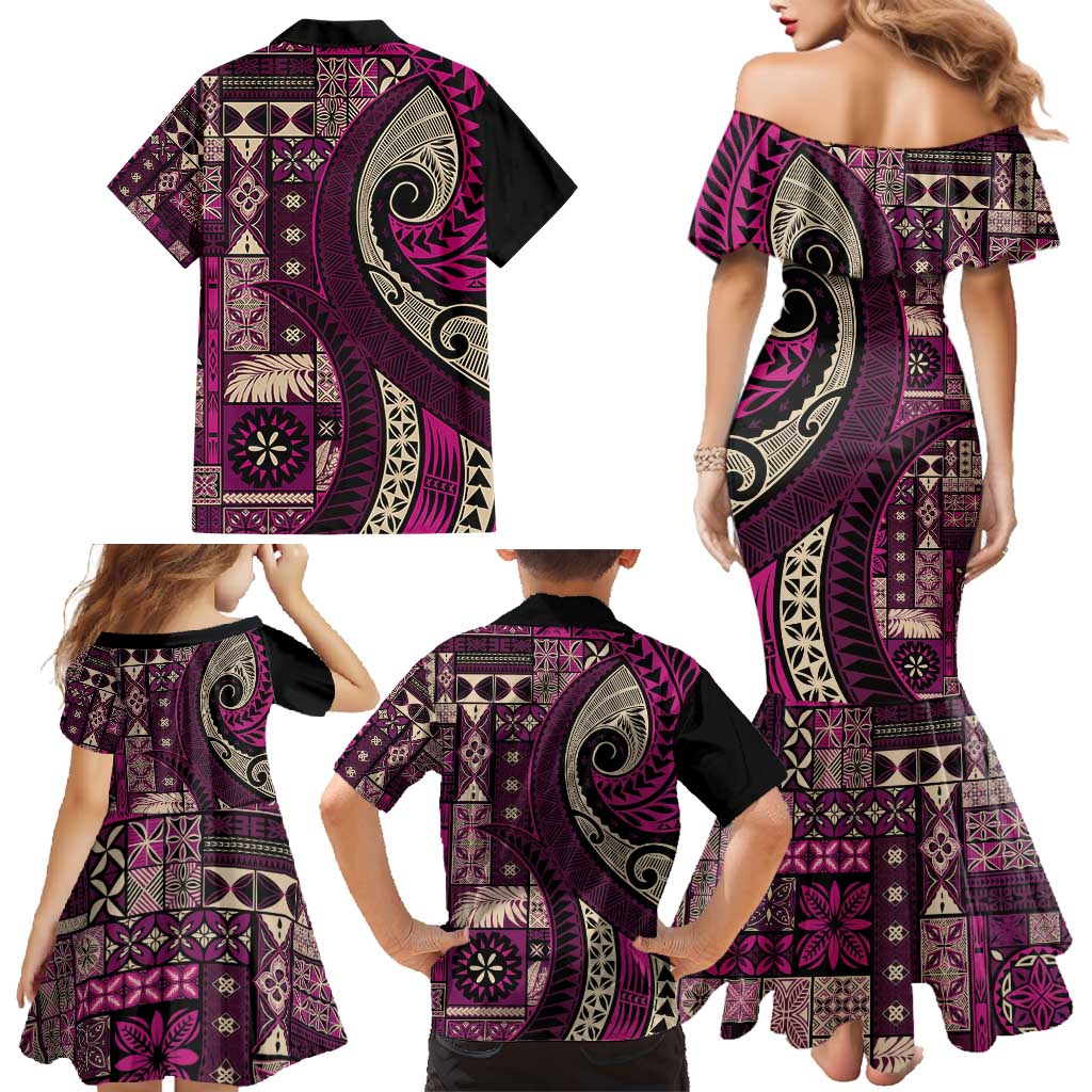 Vintage Samoa Siapo Mamanu Family Matching Mermaid Dress and Hawaiian Shirt Pink Samoan Tapa Motif LT9 - Polynesian Pride