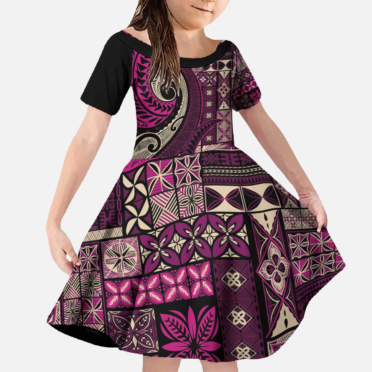 Vintage Samoa Siapo Mamanu Family Matching Off The Shoulder Long Sleeve Dress and Hawaiian Shirt Pink Samoan Tapa Motif LT9 Daughter's Dress Pink - Polynesian Pride