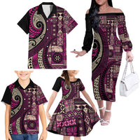 Vintage Samoa Siapo Mamanu Family Matching Off The Shoulder Long Sleeve Dress and Hawaiian Shirt Pink Samoan Tapa Motif LT9 - Polynesian Pride