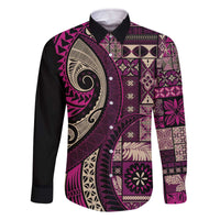 Vintage Samoa Siapo Mamanu Family Matching Off The Shoulder Long Sleeve Dress and Hawaiian Shirt Pink Samoan Tapa Motif LT9 Dad's Shirt - Long Sleeve Pink - Polynesian Pride