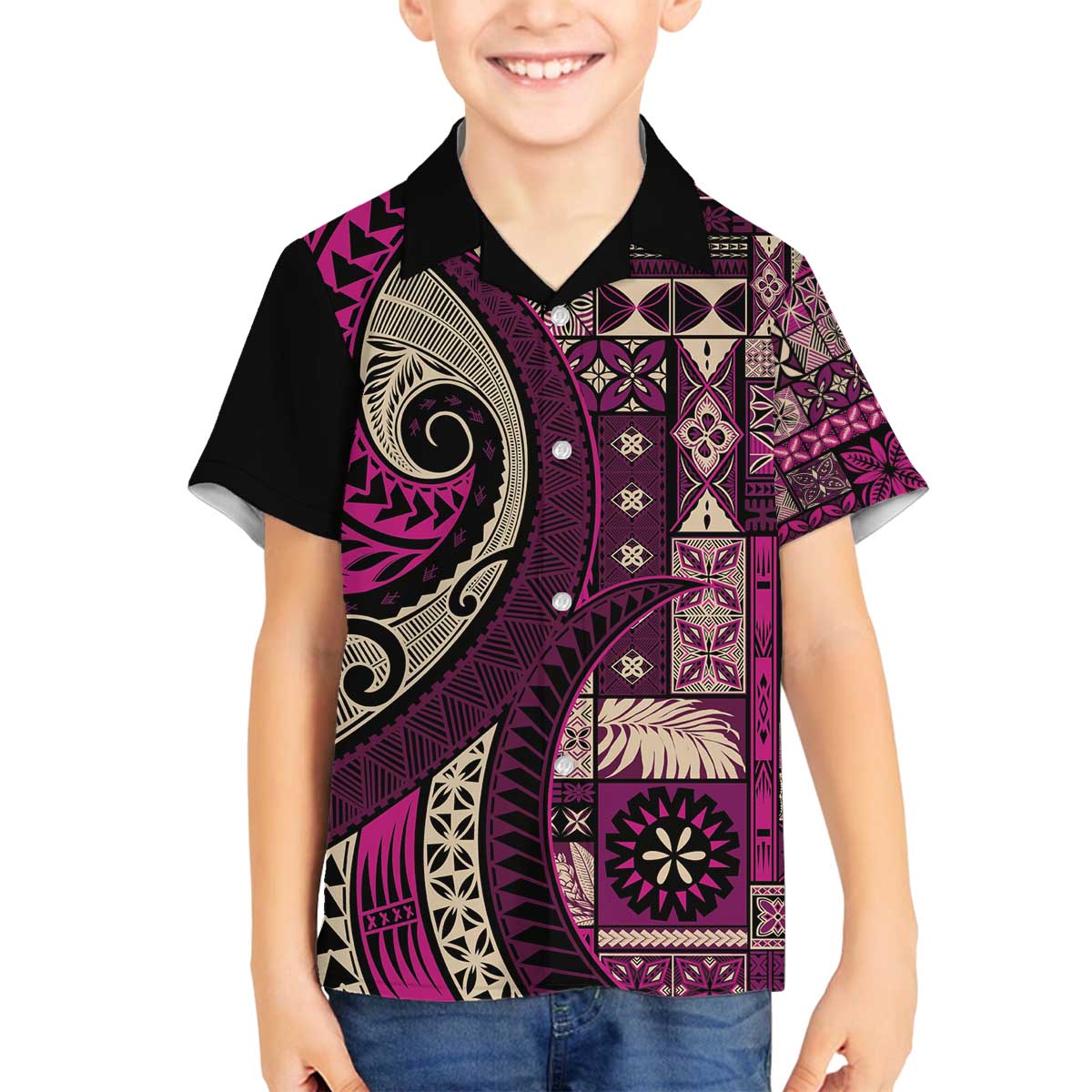 Vintage Samoa Siapo Mamanu Family Matching Off The Shoulder Long Sleeve Dress and Hawaiian Shirt Pink Samoan Tapa Motif LT9 Son's Shirt Pink - Polynesian Pride