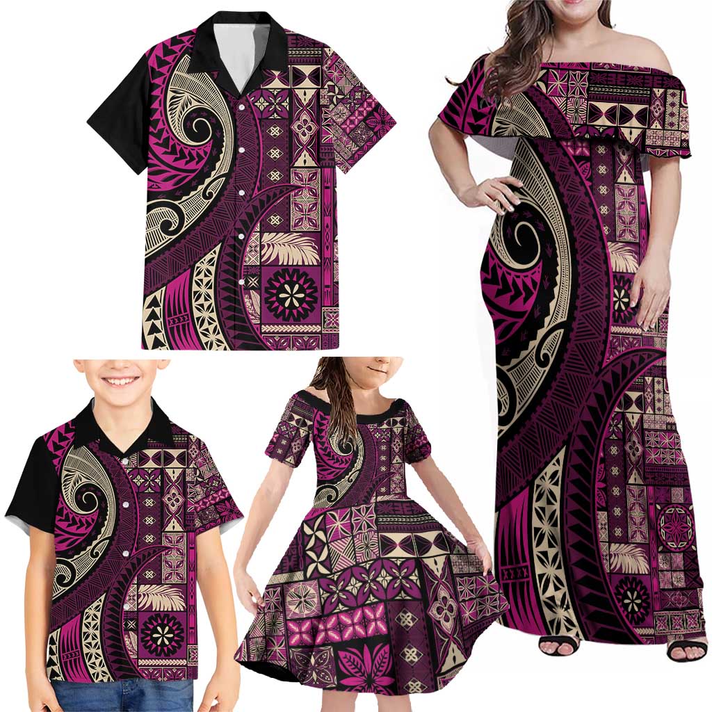Vintage Samoa Siapo Mamanu Family Matching Off Shoulder Maxi Dress and Hawaiian Shirt Pink Samoan Tapa Motif LT9 - Polynesian Pride