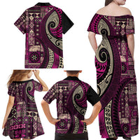 Vintage Samoa Siapo Mamanu Family Matching Off Shoulder Maxi Dress and Hawaiian Shirt Pink Samoan Tapa Motif LT9 - Polynesian Pride