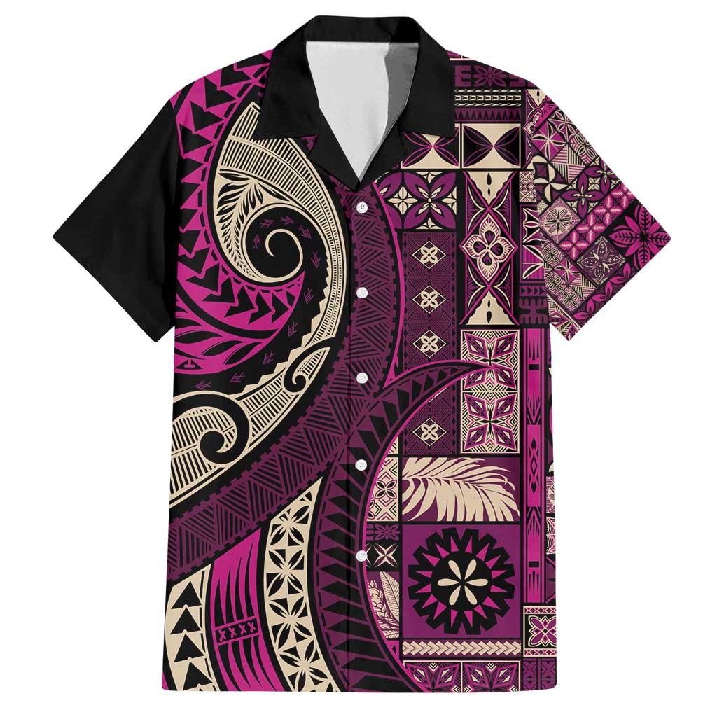 Vintage Samoa Siapo Mamanu Family Matching Off Shoulder Maxi Dress and Hawaiian Shirt Pink Samoan Tapa Motif LT9 Dad's Shirt - Short Sleeve Pink - Polynesian Pride