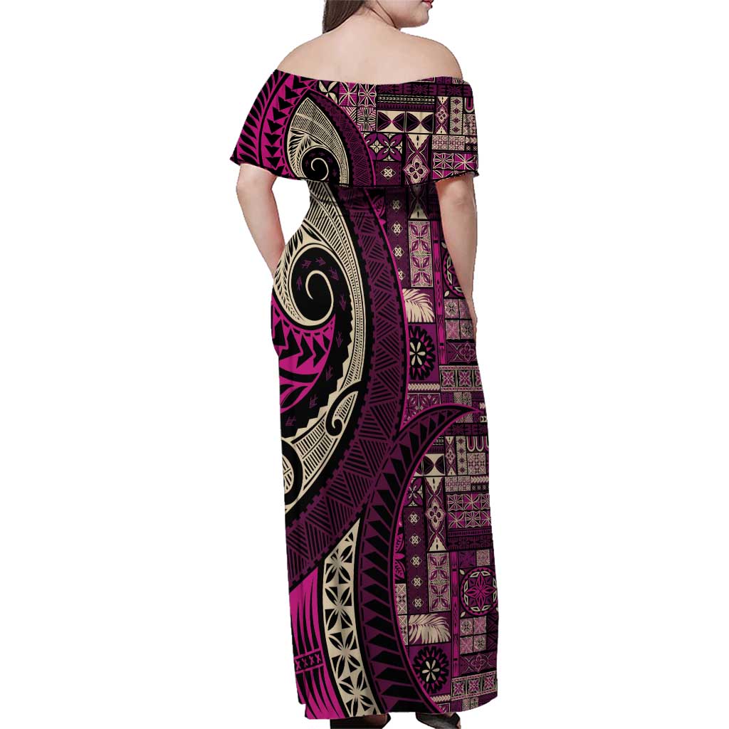 Vintage Samoa Siapo Mamanu Family Matching Off Shoulder Maxi Dress and Hawaiian Shirt Pink Samoan Tapa Motif LT9 - Polynesian Pride