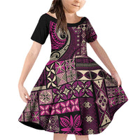 Vintage Samoa Siapo Mamanu Family Matching Off Shoulder Short Dress and Hawaiian Shirt Pink Samoan Tapa Motif LT9 Daughter's Dress Pink - Polynesian Pride