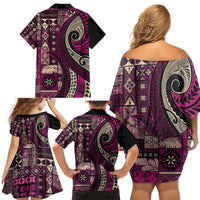 Vintage Samoa Siapo Mamanu Family Matching Off Shoulder Short Dress and Hawaiian Shirt Pink Samoan Tapa Motif LT9 - Polynesian Pride