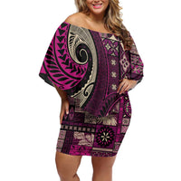 Vintage Samoa Siapo Mamanu Family Matching Off Shoulder Short Dress and Hawaiian Shirt Pink Samoan Tapa Motif LT9 Mom's Dress Pink - Polynesian Pride